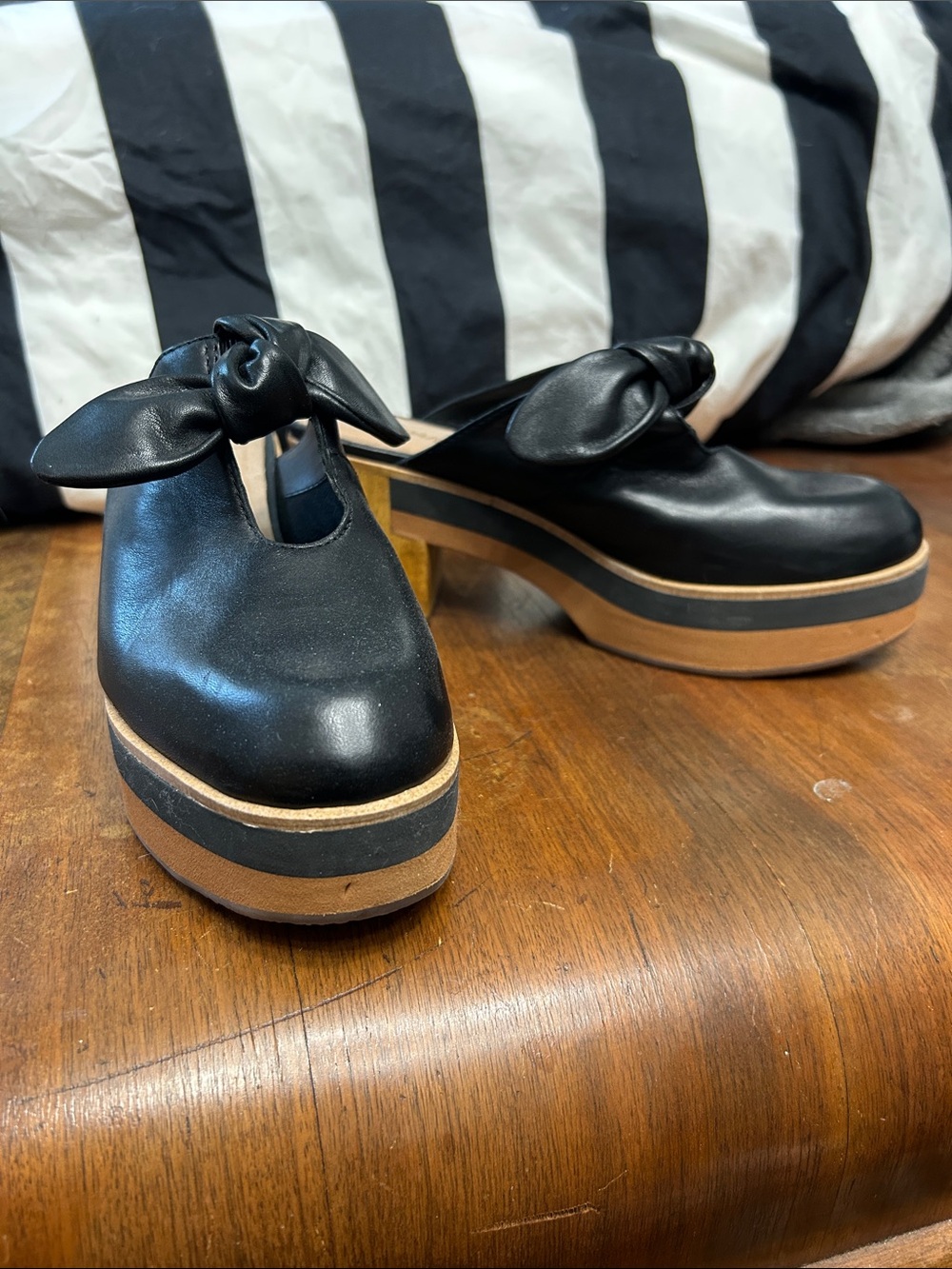 Bernardo Black Leather Platform Knot Mules with Contrast Sole